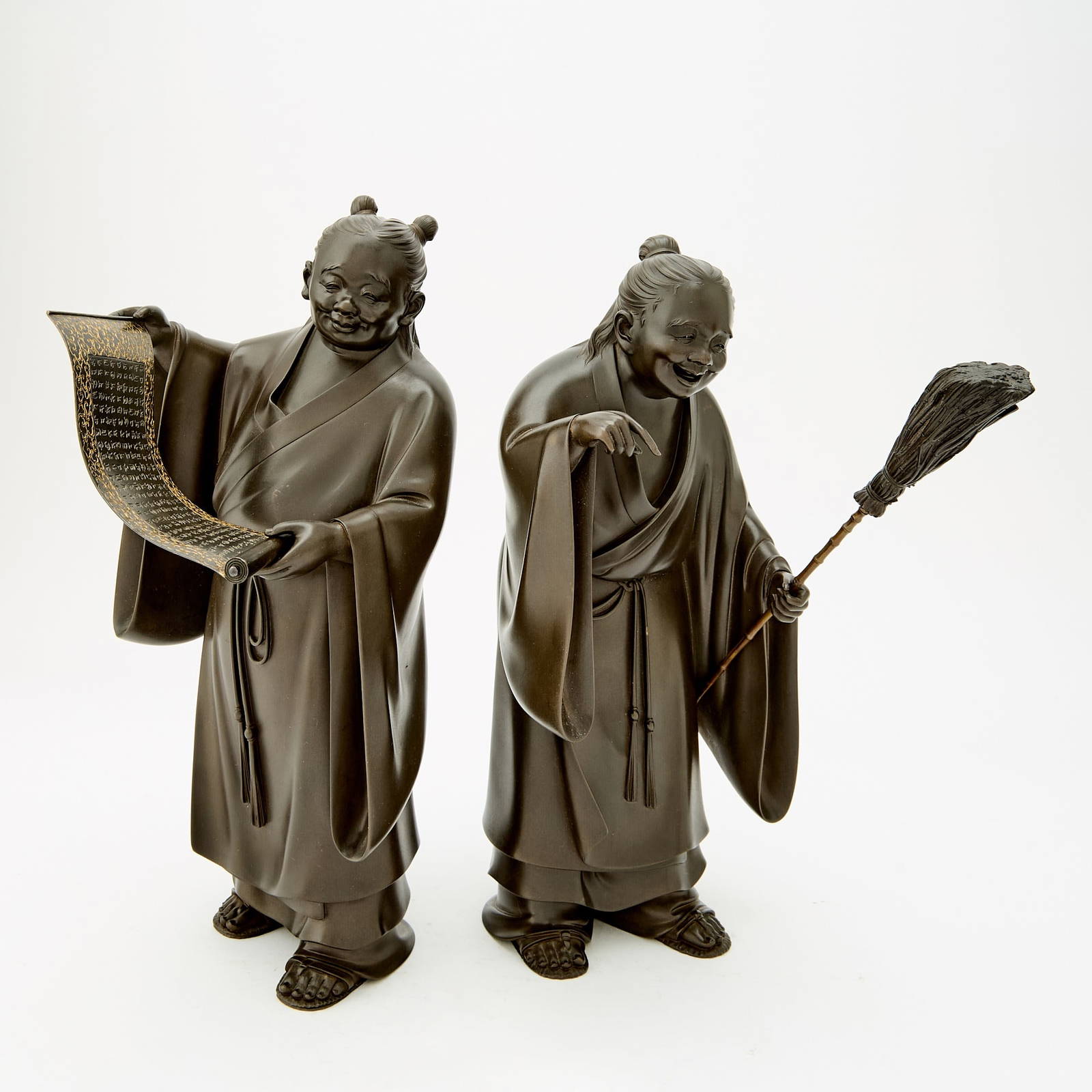 A Pair of Japanese Bronze Figures of Happy Priests Signed Masamitsu, Mark of Yamashita Josetsu,