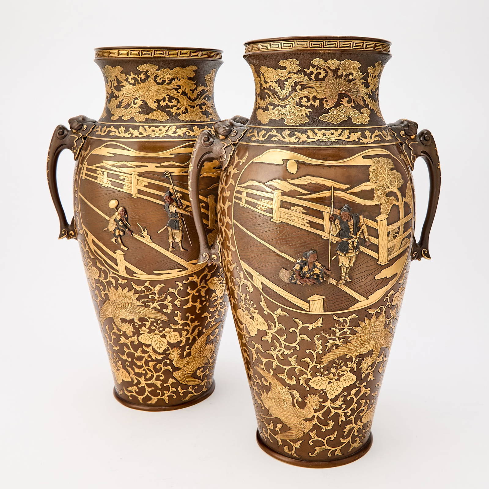 An Exceptional Pair of Japanese Mixed Metal and Parcel Gilt Bronze Vases Signed Miyao Sei, Studio of