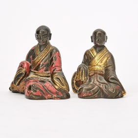 Two Chinese Cold Painted Bronze Figures of Priests