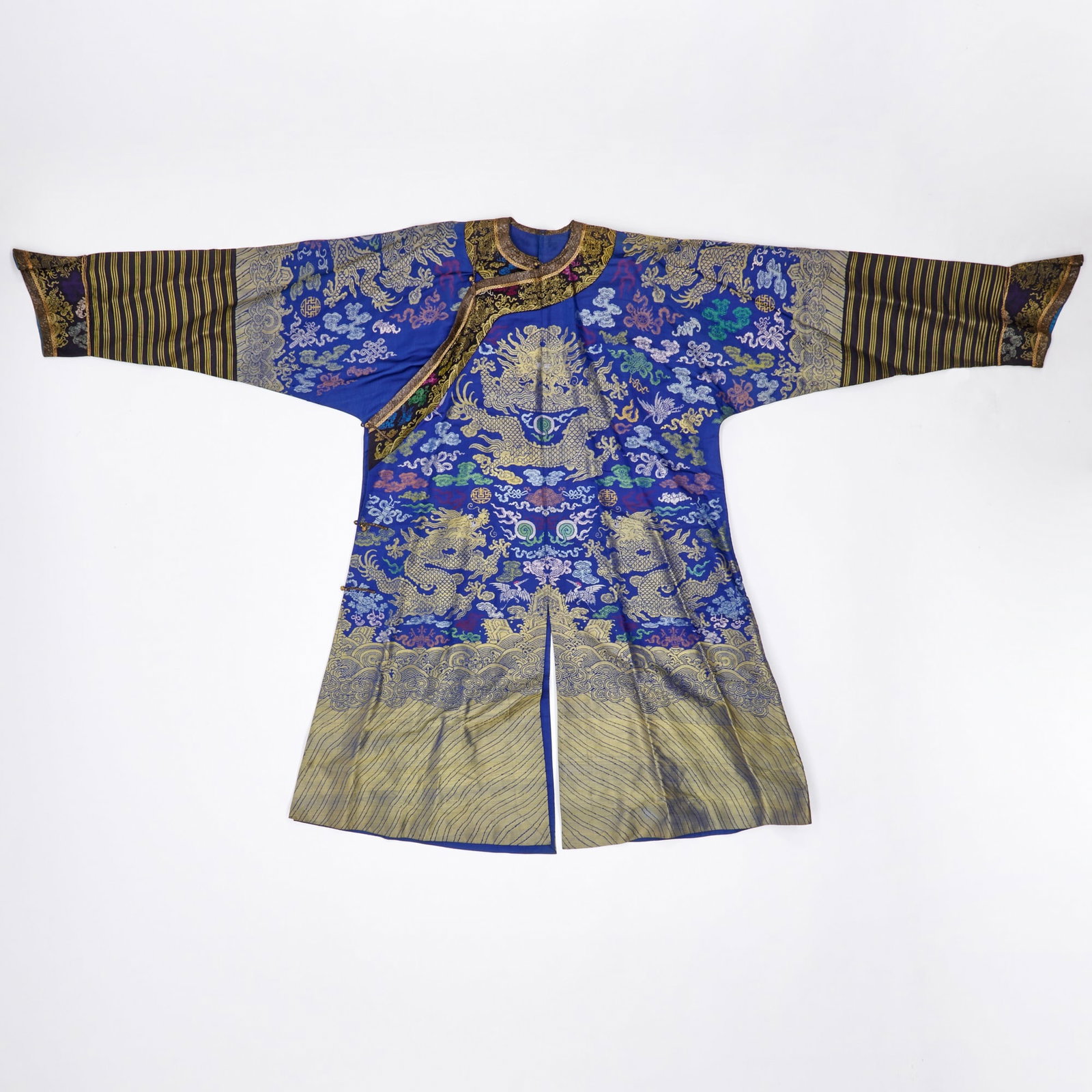 A Chinese Brocade Silk Blue Ground Dragon Robe Late Qing Dynasty (1 of 3)