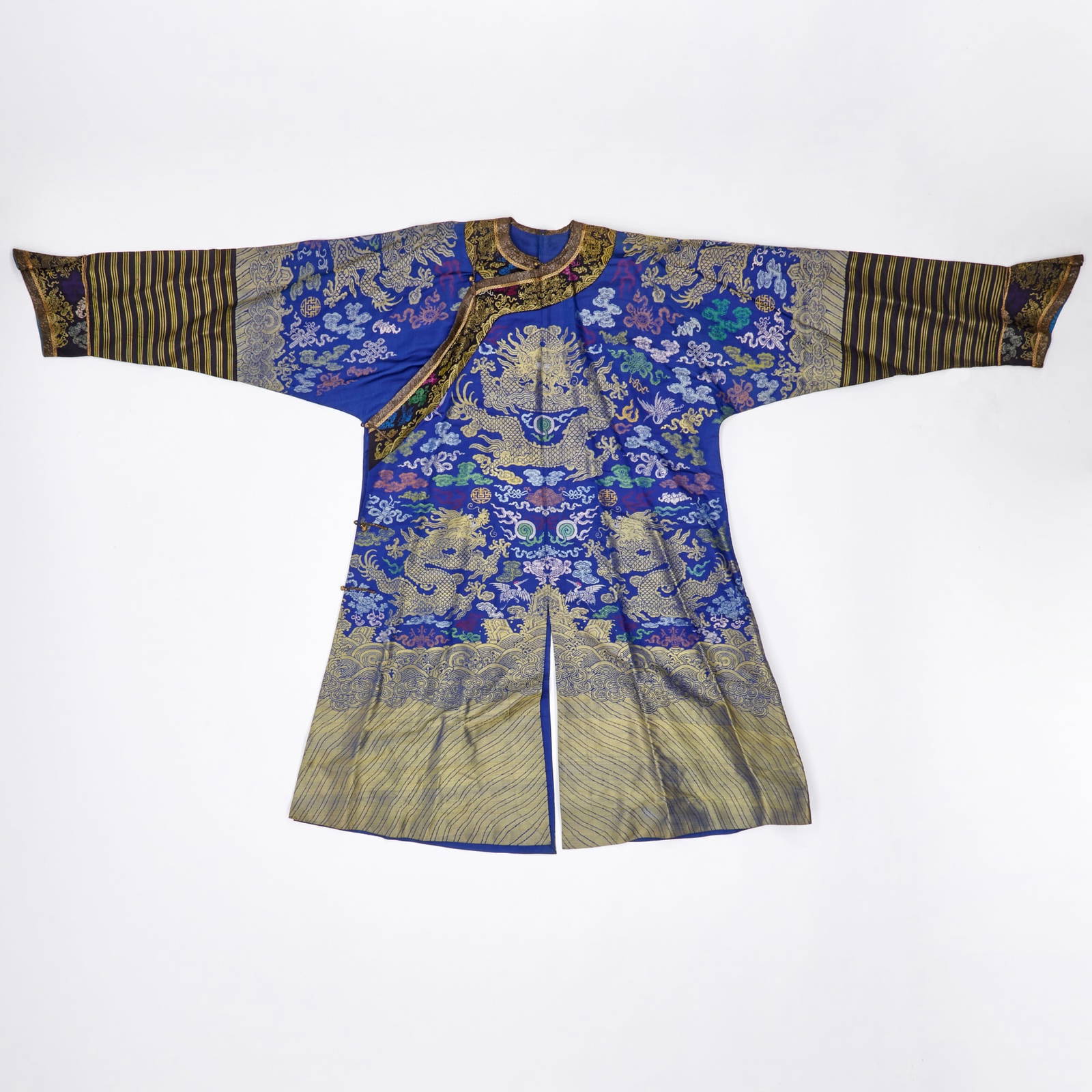 A Chinese Brocade Silk Blue Ground Dragon Robe Late Qing Dynasty