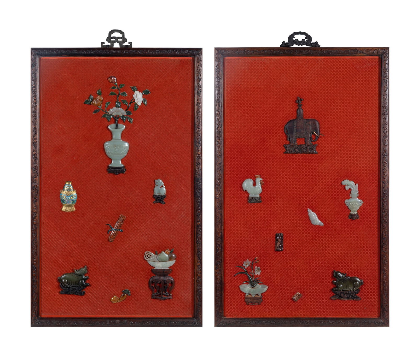 A Pair of Chinese Cinnabar Lacquer Panels 20th Century: Embellished with jade, hardstone, wood and cloisonne enamel to show various miniature decorative objects. (Height 41 1/2 inches)