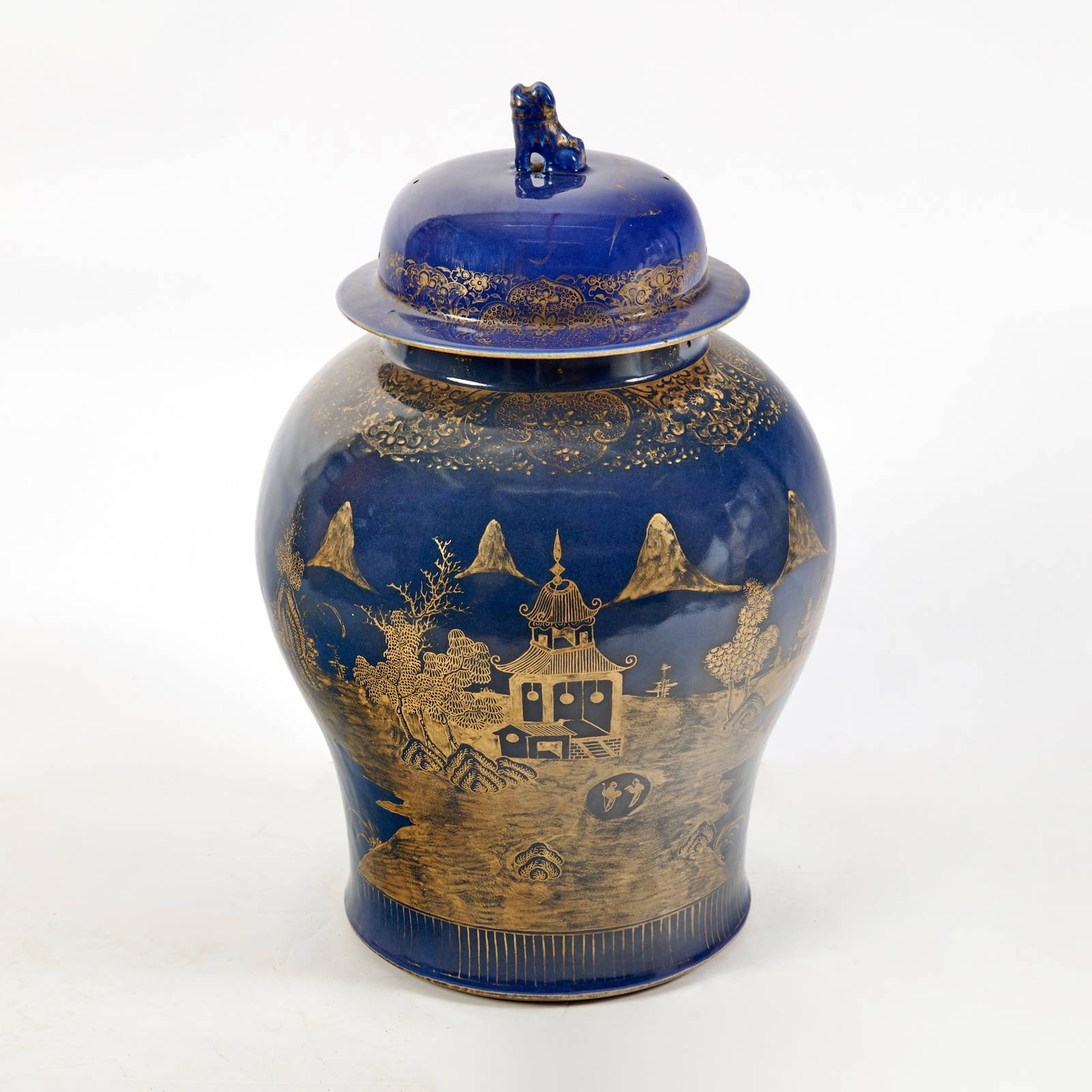 A Large Chinese Gilt Decorated Powder Blue Porcelain Baluster Jar and Cover 18th Century