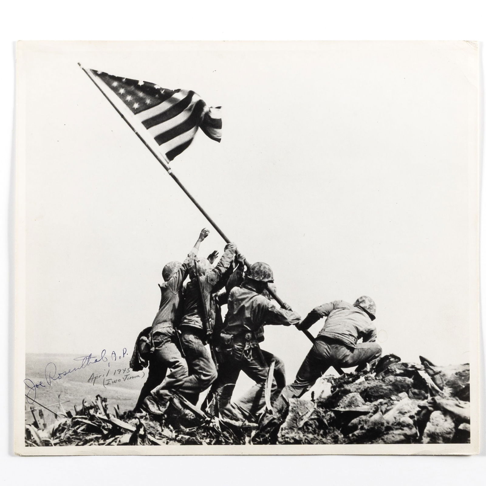 Joe Rosenthal, Raising the Flag on Mt. Suribachi, Iwo Jima, 1945: ROSENTHAL, JOE (1911-2006) Raising the Flag on Mt. Suribachi, Iwo Jima, 1945, printed 1945. Vintage gelatin silver print, 8 1/8 x 9 1/8 inches (208 x 232 mm), signed on image (l.l.) "Joe Rosenthal A.P