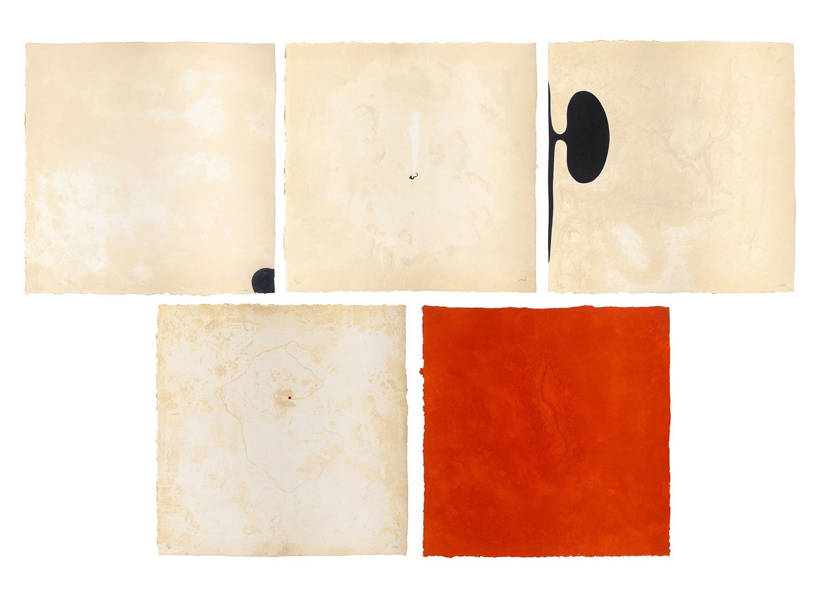 José María Sicilia (b. 1954): 30.1.89 Complete set of five etchings and aquatints, 1989, on handmade paper, signed with initials and numbered 31/60 in pencil, published by Editions F.B., the full sheets, in the original portfolio.