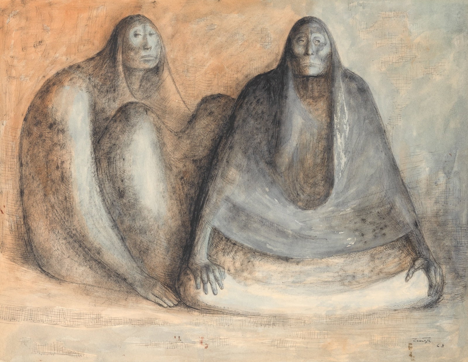 Francisco Zuniga: Mexican, 1912-1998 Two Seated Women, 1963 Signed Zuniga 63 (lr) Ink and watercolor on paper 19 1/2 x 25 inches (49.5 x 63.5cm) This work will be added to the online catalog raisonne as #4034A