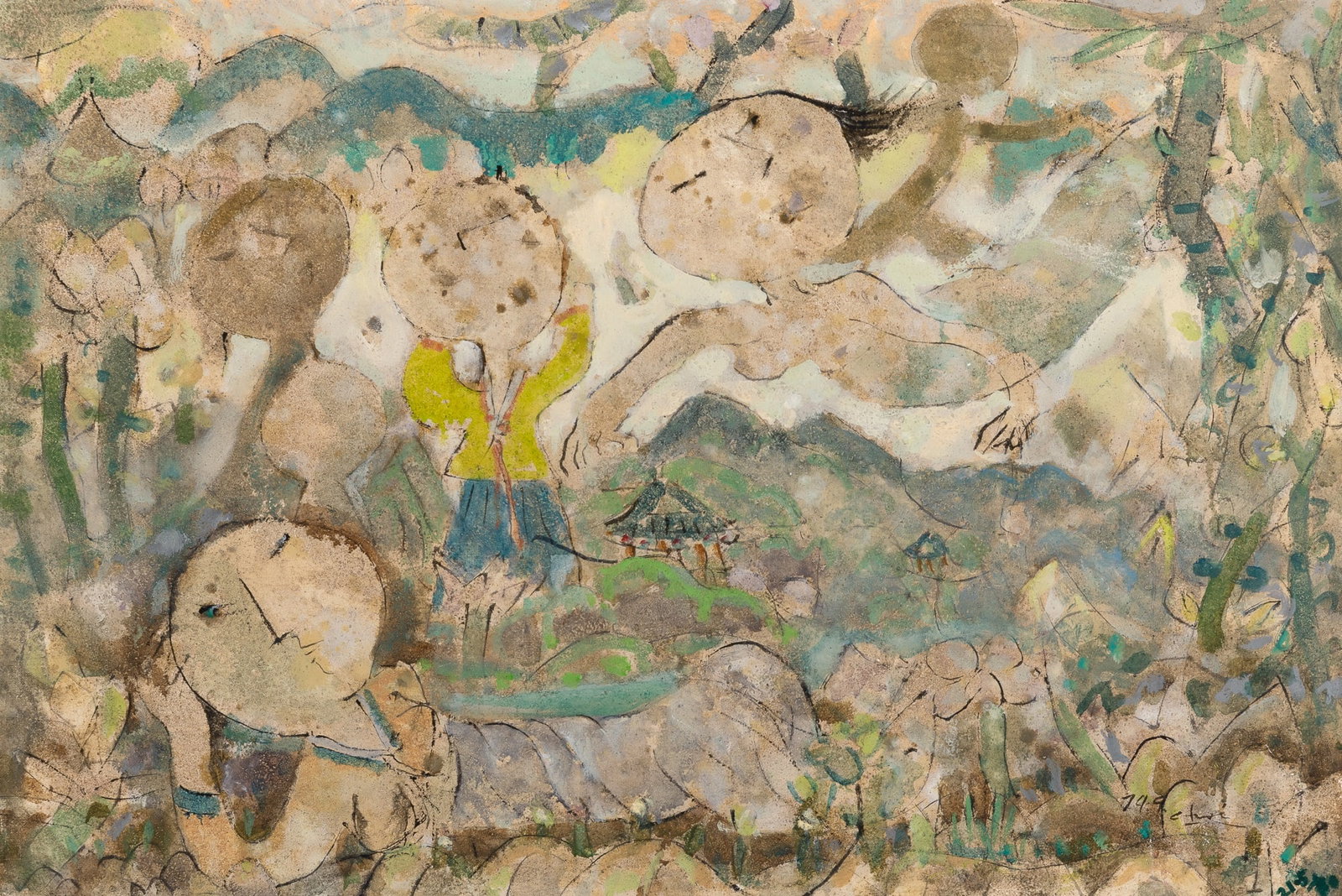 Choi YoungRim: Korean, 1916-1985 Untitled, 1974 Signed and dated lower right and on the verso Oil and soil on canvas 19 1/4 x 28 1/2 inches (48.9 x 72.4cm) (Frame: 25 1/2 x 34 3/4 inches)