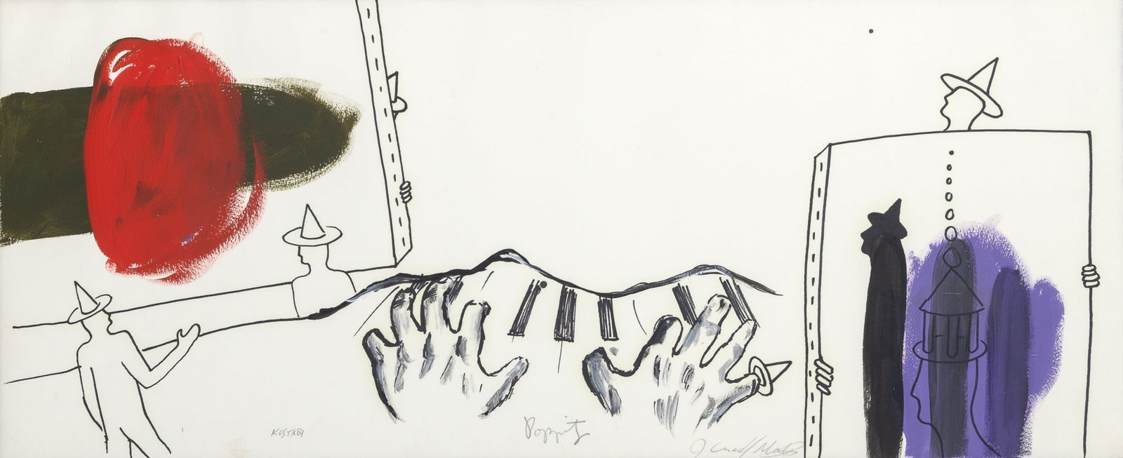 Crash/John Matos (b. 1961), Mark Kostabi (b. 1960) and James Poppitz (b. 1957): Study for Collaboration Mural for "6 Giants", circa 1986Signed by each artist on the bottomMixed media on paper12 1/2 x 30 1/8 inches (31.7 x 76.5cm)
