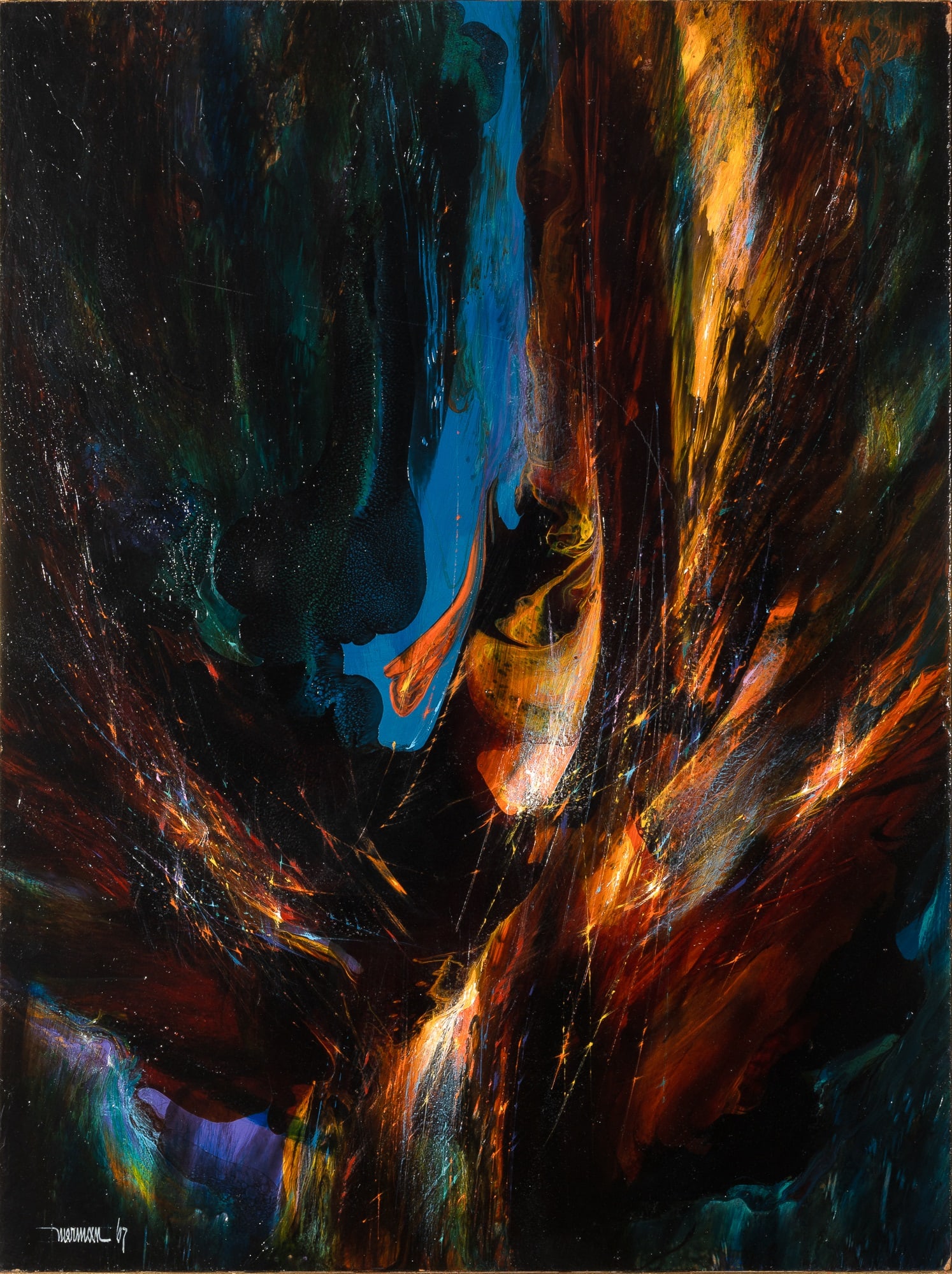 Leonardo Nierman: Mexican, 1932-2023Cosmic Fury, 1967Signed Nierman and dated 67 (ll); inscribed as titled on the reverseOil on Masonite31 1/2 x 23 1/2 inches (80 x 60 cm)