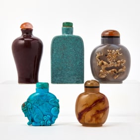 Five Chinese Hardstone and Porcelain Snuff Bottles Qing Dynasty