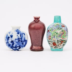 Three Chinese Porcelain Snuff Bottles Qing Dynasty