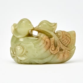 A Chinese Yellow Jade Carving of 'Mandarin Ducks' Group
