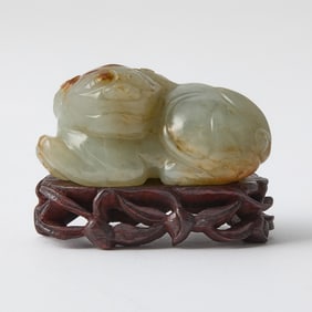 A Chinese Carved Jade Qilin and Stand Ming-Qing Dynasty