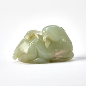 A Chinese Celadon Jade Carving of a Ram Qing Dynasty