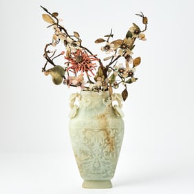 A Chinese Celadon Jade Vase and Stand 18th Century