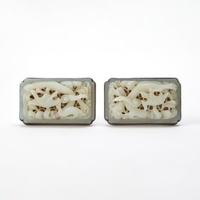 A Pair of Mounted Chinese White Jade Belt Plaques Qing Dynasty