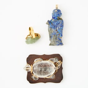 Three Chinese Gold-Set Hardstone Carvings 19th-20th century