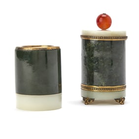 A Metal-Mounted Spinach and White Jade Desk Set Yamanaka & Co. Studio, early 20th century