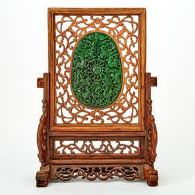 A Chinese Jadeite-Inset Hardwood Table Screen 20th century