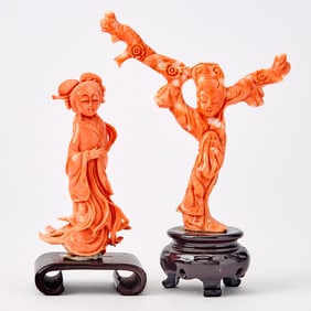Two Chinese Coral Figural Carvings 20th Century