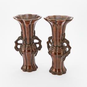 A Pair of Chinese Heavily Cast Fluted Bronze Vases Late Qing Dynasty
