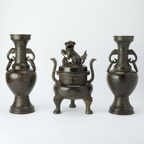 A Large Chinese Bronze Three-Piece Garniture Xuande Mark, Qing Dynasty