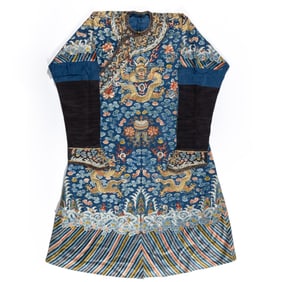 A Chinese Silk Embroidery Blue Ground Dragon Robe Late Qing Dynasty