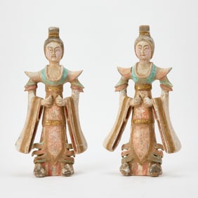 A Pair of Chinese Polychromed Pottery Figures Tang Dynasty