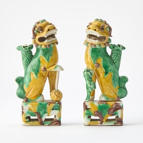 A Pair of Chinese Glazed Biscuit Porcelain Fu Lions Kangxi Period