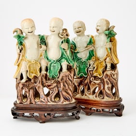 A Pair of Chinese Famille Verte Biscuit Porcelain Figures Kangxi Period