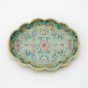 A Fine Chinese Famille Rose Turquoise Ground Porcelain Dish Jiaqing Seal Mark and of the Period