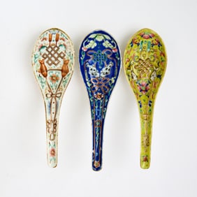 Three Chinese Enameled Porcelain Spoons Late Qing Dynasty