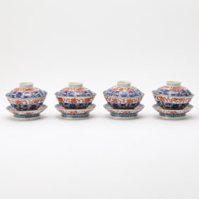 A Set of Four Chinese Blue and White and Iron-Red-Decorated Porcelain Teacups Guangxu Mark, Late