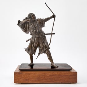 A Japanese Bronze Figural Sculpture of a Samurai Signed Gyokko, Meiji Period