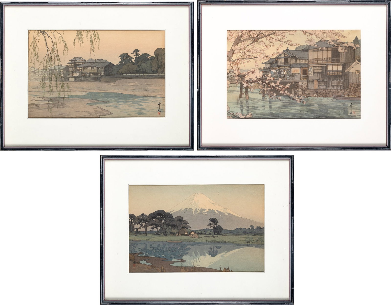 Three Japanese Shin-Hanga Woodblock Prints Hiroshi Yoshida (1876-1950): Depicting landscapes; matted and framed. (Sight 14 1/4 x 9 1/4 inches)