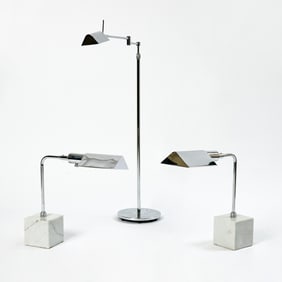 Pair of Koch+Lowy Chrome and White Marble Table Lamps
