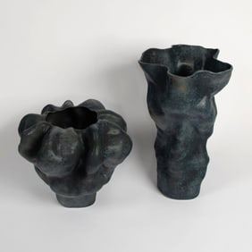 Two L'Objet Blue Porcelain "Timna" Vases