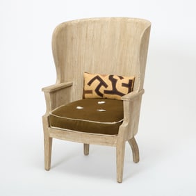 Cerused Oak Barrel-Back Wing Chair