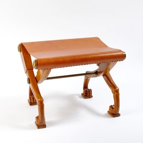 T.H. Robsjohn-Gibbings Walnut, Leather and Brass "Diphros" Cross-Leg Stool