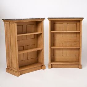 Pair of English Oak Double Sided Bookcases with Orthoceras Fossil Marble Tops