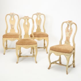 Set of Four Swedish Rococo Painted Pine Side Chairs