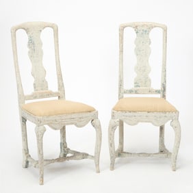Pair of Gustavian Heavily Distressed White Painted Side Chairs