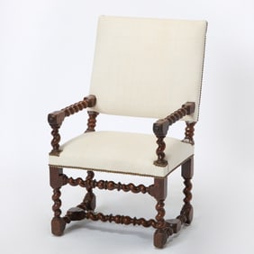 William and Mary Spiral Turned Walnut Upholstered Armchair