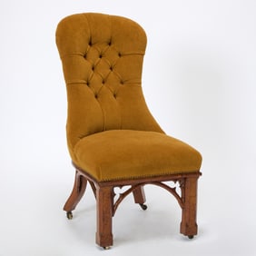 Victorian Gothic Revival Upholstered Oak Side Chair
