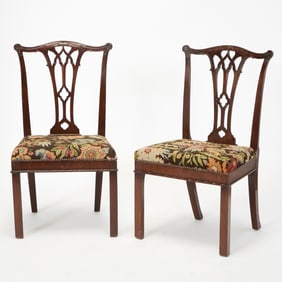Pair of George III Irish Needlepoint Upholstered Mahogany Side Chairs