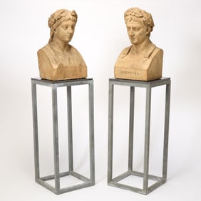 Pair of Large Plaster Busts of Virgil and Augustus on Steel and Marble Stands