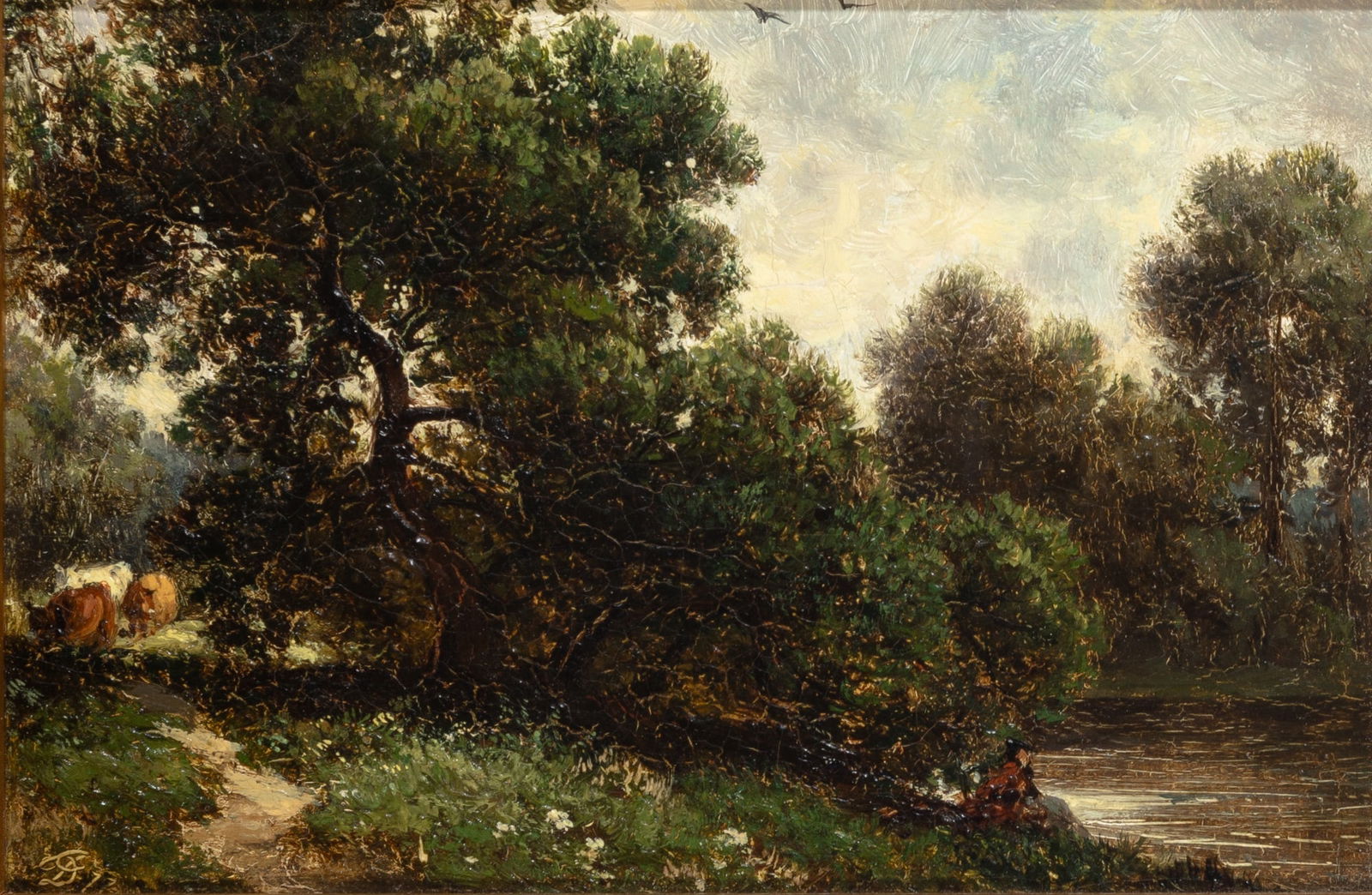 David Johnson: American 1827-1908Scene on the Housatonic, 1873Initialed DJ and dated 73 (ll)Oil on card mounted to canvas5 1/2 x 8 inchesPlease note: This lot will be on view in New York