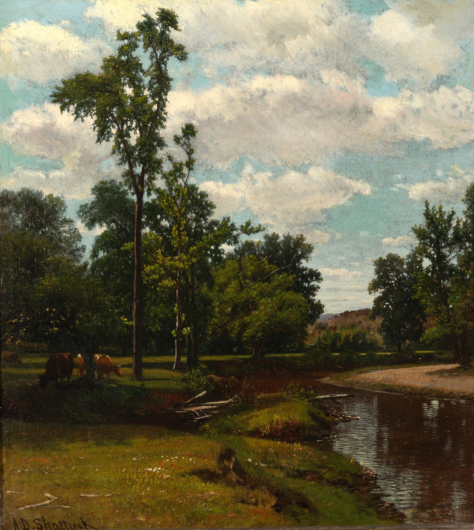 Aaron Draper Shattuck: American, 1832-1928River Landscape with CowsSigned A. D. Shattuck (ll)Oil on canvas15 1/2 x 14 inchesPlease note: This lot will be on view in New York (Framed 21 x 20 in