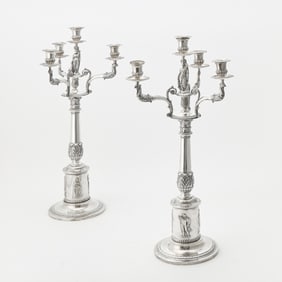 Southern Interest: Pair of Continental Silver Four Light Figural Candelabra
