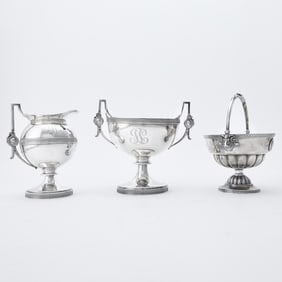 Gorham Sterling Silver "Medallion" Pattern Cream and Sugar Set and an Additional Sugar Basket